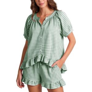 image:imageFlygo Womens Gingham Pajamas Set 2 Piece Cotton Pj Lounge Sets Puff Sleeve Ruffle Babydoll Shirt Shorts Summer OutfitsGreen