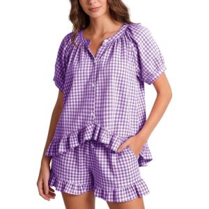 image:imageFlygo Womens Gingham Pajamas Set 2 Piece Cotton Pj Lounge Sets Puff Sleeve Ruffle Babydoll Shirt Shorts Summer OutfitsPurple