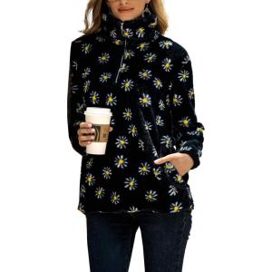 image:imageFlygo Womens Long Sleeve 14 Zipper Sherpa Sweatshirt Floral Print Fleece Pullover Outwear CoatBlack