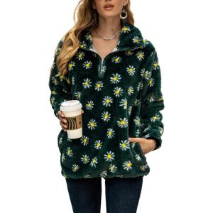 image:imageFlygo Womens Long Sleeve 14 Zipper Sherpa Sweatshirt Floral Print Fleece Pullover Outwear CoatGreen