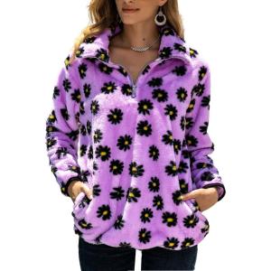 image:imageFlygo Womens Long Sleeve 14 Zipper Sherpa Sweatshirt Floral Print Fleece Pullover Outwear CoatPurple