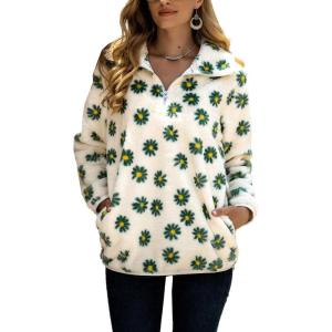 image:imageFlygo Womens Long Sleeve 14 Zipper Sherpa Sweatshirt Floral Print Fleece Pullover Outwear CoatWhite  Green