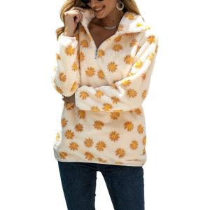 image:imageFlygo Womens Long Sleeve 14 Zipper Sherpa Sweatshirt Floral Print Fleece Pullover Outwear CoatWhite  Yellow