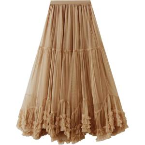 image:imageFlygo Womens Maxi Tulle Skirt Long Tiered A Line Mesh Tutu Fairy High Elastic Waist Pleated Layered SkirtsKhaki