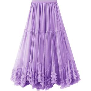 image:imageFlygo Womens Maxi Tulle Skirt Long Tiered A Line Mesh Tutu Fairy High Elastic Waist Pleated Layered SkirtsLightpurple