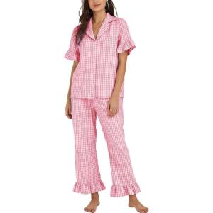 image:imageFlygo Womens Plaid Pajamas Sets 2 Piece Cotton Pj Set Ruffled Sleeve Button Down Shirt Gingham Pants Lounge SetsPink