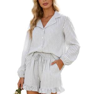 image:imageFlygo Womens Striped Ruffle Pajama Set Puff Sleeve Button Down Outfits Lounge Set 2 Piece Short Pants Pjs with PocketsBlack