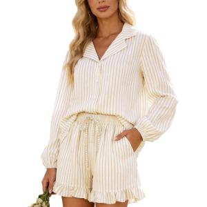 image:imageFlygo Womens Striped Ruffle Pajama Set Puff Sleeve Button Down Outfits Lounge Set 2 Piece Short Pants Pjs with PocketsBrown
