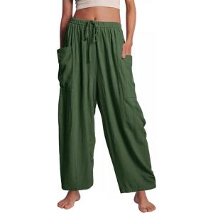 image:imageFlygo Womens Wide Leg Pants High Waisted Palazzo Trousers Summer Beach Casual Loose Drawstring Harem Pants with PocketsArmy Green