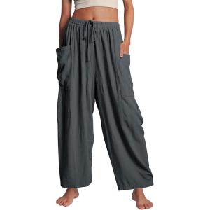 image:imageFlygo Womens Wide Leg Pants High Waisted Palazzo Trousers Summer Beach Casual Loose Drawstring Harem Pants with PocketsDark Grey