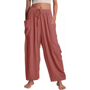 image:imageFlygo Womens Wide Leg Pants High Waisted Palazzo Trousers Summer Beach Casual Loose Drawstring Harem Pants with PocketsDusty Rose