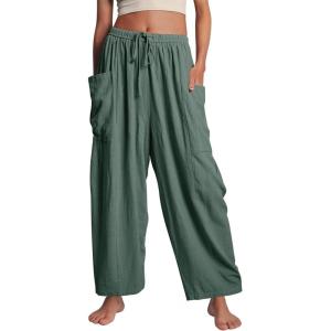 image:imageFlygo Womens Wide Leg Pants High Waisted Palazzo Trousers Summer Beach Casual Loose Drawstring Harem Pants with PocketsGreen