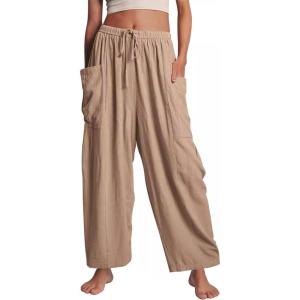 image:imageFlygo Womens Wide Leg Pants High Waisted Palazzo Trousers Summer Beach Casual Loose Drawstring Harem Pants with PocketsKhaki