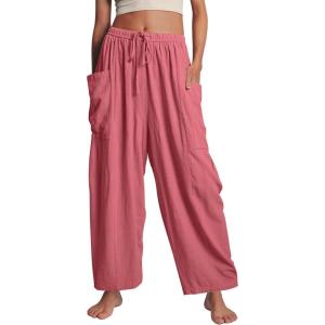 image:imageFlygo Womens Wide Leg Pants High Waisted Palazzo Trousers Summer Beach Casual Loose Drawstring Harem Pants with PocketsPink
