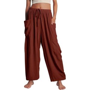 image:imageFlygo Womens Wide Leg Pants High Waisted Palazzo Trousers Summer Beach Casual Loose Drawstring Harem Pants with PocketsRust