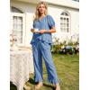 image:imageFlygo Womens Ruffle Pajamas Short Sleeve Button Down Lounge Set 2 Piece Solid Pjs Sleepwear Drawstring with PocketsBlue