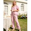 image:imageFlygo Womens Ruffle Pajamas Short Sleeve Button Down Lounge Set 2 Piece Solid Pjs Sleepwear Drawstring with PocketsDustypink
