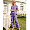image:imageFlygo Womens Ruffle Pajamas Short Sleeve Button Down Lounge Set 2 Piece Solid Pjs Sleepwear Drawstring with PocketsPurple