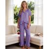 image:imageFlygo Womens Ruffle Pajamas Short Sleeve Button Down Lounge Set 2 Piece Solid Pjs Sleepwear Drawstring with PocketsPurple