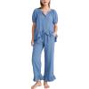 image:imageFlygo Womens Ruffle Pajamas Short Sleeve Button Down Lounge Set 2 Piece Solid Pjs Sleepwear Drawstring with PocketsBlue