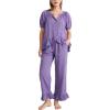 image:imageFlygo Womens Ruffle Pajamas Short Sleeve Button Down Lounge Set 2 Piece Solid Pjs Sleepwear Drawstring with PocketsPurple