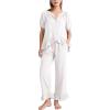 image:imageFlygo Womens Ruffle Pajamas Short Sleeve Button Down Lounge Set 2 Piece Solid Pjs Sleepwear Drawstring with PocketsWhite