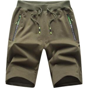 image:imageFlygo Mens Shorts Casual Athletic Elastic Waist Workout Short Pants Drawstring Beach Shorts Zipper PocketsArmy Green