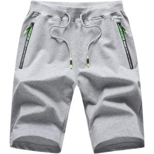 image:imageFlygo Mens Shorts Casual Athletic Elastic Waist Workout Short Pants Drawstring Beach Shorts Zipper PocketsLight Grey