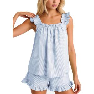 image:imageFlygo Striped Pajamas Set for Women Cotton 2 Piece Lounge Sets Ruffle Cami Top and Shorts Cute Summer Pj SleepwearBlue