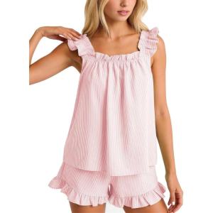 image:imageFlygo Striped Pajamas Set for Women Cotton 2 Piece Lounge Sets Ruffle Cami Top and Shorts Cute Summer Pj SleepwearPink