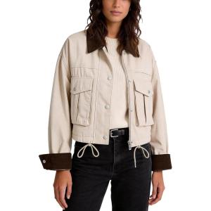 image:imageFlygo Womens Cropped Jacket 2026 Trendy Contrast Collar Barn Jacket Zip Up Oversized Utility Coat with PocketsBeige