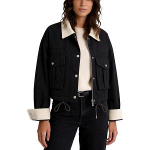 image:imageFlygo Womens Cropped Jacket 2026 Trendy Contrast Collar Barn Jacket Zip Up Oversized Utility Coat with PocketsBlack