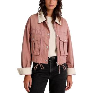 image:imageFlygo Womens Cropped Jacket 2026 Trendy Contrast Collar Barn Jacket Zip Up Oversized Utility Coat with PocketsDusty Pink