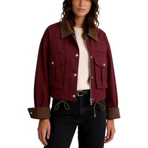 image:imageFlygo Womens Cropped Jacket 2026 Trendy Contrast Collar Barn Jacket Zip Up Oversized Utility Coat with PocketsWine Red