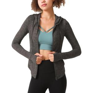 image:imageFlygo Womens Full Zip Workout Jacket Slim Long Sleeve Track Hoodie with Thumb HoleDarkgrey