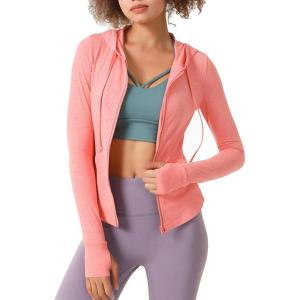 image:imageFlygo Womens Full Zip Workout Jacket Slim Long Sleeve Track Hoodie with Thumb HolePink