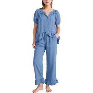 image:imageFlygo Womens Ruffle Pajamas Short Sleeve Button Down Lounge Set 2 Piece Solid Pjs Sleepwear Drawstring with PocketsBlue