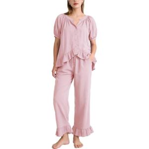 image:imageFlygo Womens Ruffle Pajamas Short Sleeve Button Down Lounge Set 2 Piece Solid Pjs Sleepwear Drawstring with PocketsDustypink