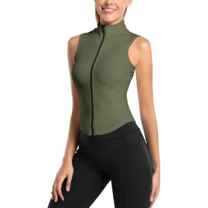 image:imageFlygo Womens Slim Full Zip Yoga Vest Sleeveless Workout Sports Gym JacketArmygreen