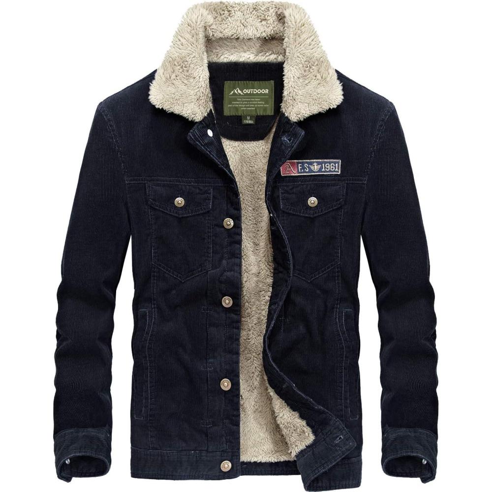 image:imageFlygo Mens Vintage Button Down Slim Fit Fleece Lined Corduroy Jacket OuterwearBlue