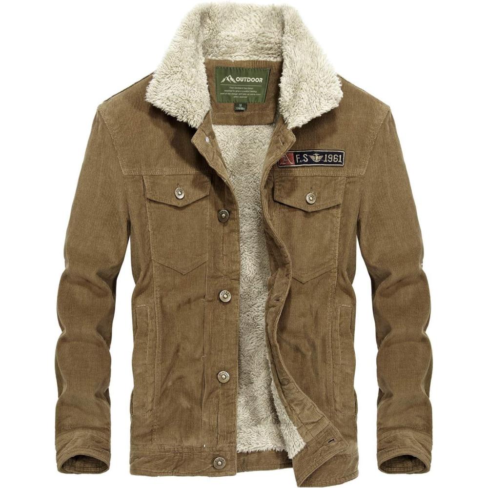 image:imageFlygo Mens Vintage Button Down Slim Fit Fleece Lined Corduroy Jacket OuterwearKhaki