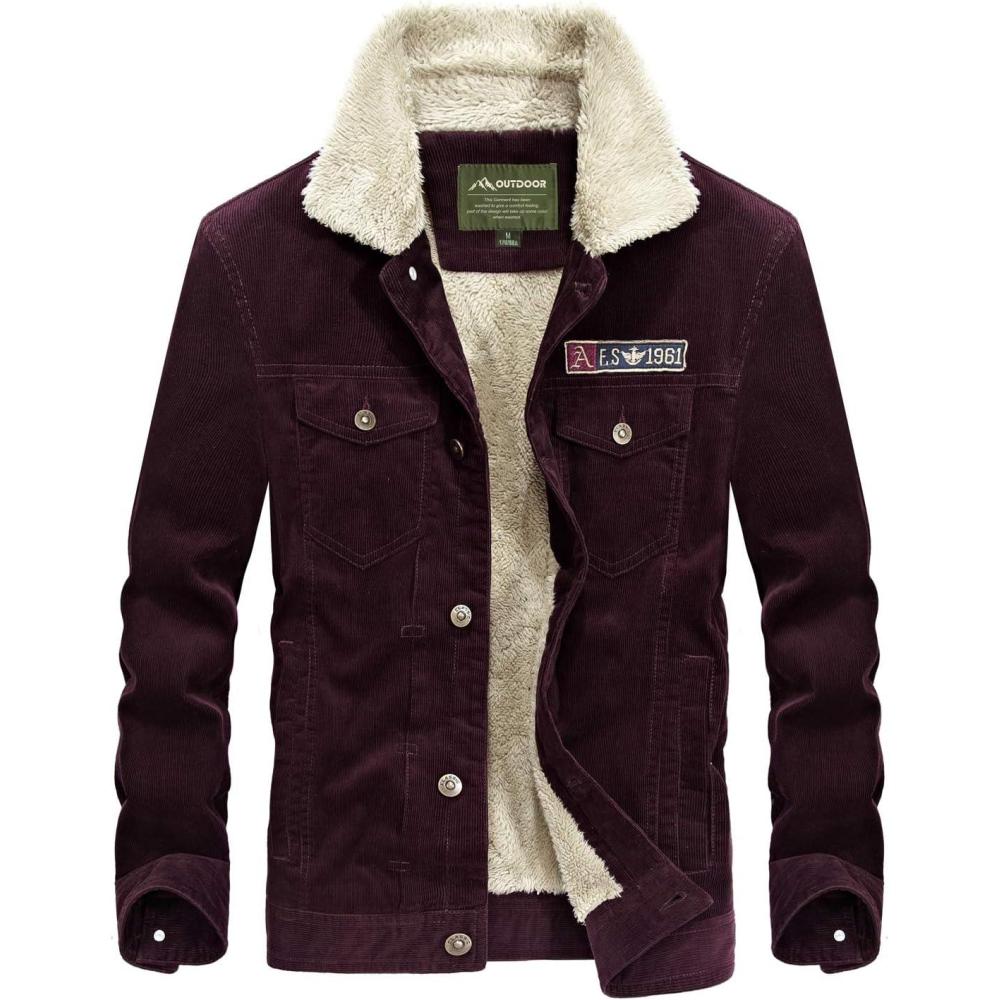 image:imageFlygo Mens Vintage Button Down Slim Fit Fleece Lined Corduroy Jacket OuterwearWine