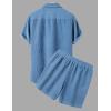 image:imageFlygo Mens Summer 2 Piece Outfits Waffle Sets Short Sleeve Shirts and Shorts Set Vacation Beach Outfit for MenBlue