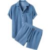 image:imageFlygo Mens Summer 2 Piece Outfits Waffle Sets Short Sleeve Shirts and Shorts Set Vacation Beach Outfit for MenBlue