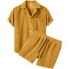 image:imageFlygo Mens Summer 2 Piece Outfits Waffle Sets Short Sleeve Shirts and Shorts Set Vacation Beach Outfit for MenYellow