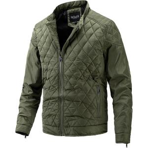 image:imageFlygo Mens Bomber Jacket Winter Warm Diamond Quilted Padded Coats with Zip PocketsArmygreen