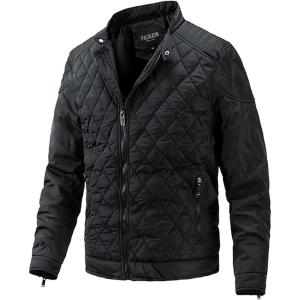 image:imageFlygo Mens Bomber Jacket Winter Warm Diamond Quilted Padded Coats with Zip PocketsBlack