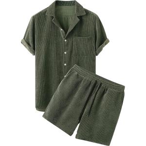 image:imageFlygo Mens Summer 2 Piece Outfits Waffle Sets Short Sleeve Shirts and Shorts Set Vacation Beach Outfit for MenArmy Green