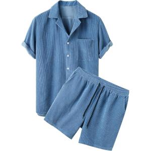 image:imageFlygo Mens Summer 2 Piece Outfits Waffle Sets Short Sleeve Shirts and Shorts Set Vacation Beach Outfit for MenBlue