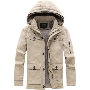 image:imageFlygo Mens Thicken Winter Fleece Lined Hooded Jacket Parkas with Removable HoodBeige